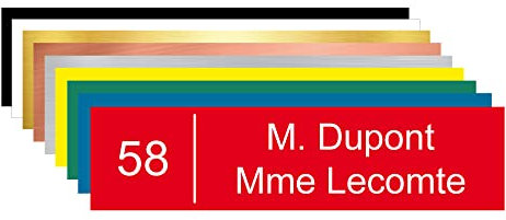 Plaque boîte aux lettres personnalisable. (BAL0004). Numéro Maison + Nom. Plaque nominative PVC 10 x 2,5 cm autocollante - Rouge - Arial