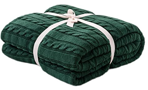 Lifup Gestrickte Decke aus 100% Baumwolle Warme Weiche Zopfmuster Kuscheldecke für Bett Sofa Couch Dunkelgrün 110x180cm