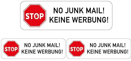 Briefkastenaufkleber Keine Werbung, 3 Stück, 67 x 21 mm, selbstklebende Folie mit englischem Schriftzug, Aufkleber Sticker Hinweis für Innen- und Außenbereich, Briefkasten-Tattoo Set No Junk Mail
