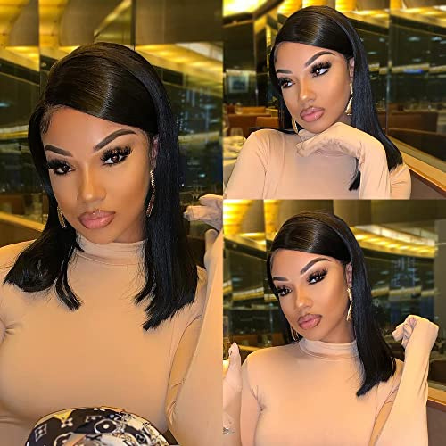 Karlami 13x6 Bob Wig Human Hair 150% Density Blunt Brazilian Virgin Natural Black Bob Wig with Baby Hair Side Part Short Bob Wig
