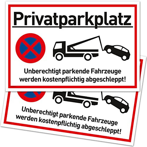2er Set Privatparkplatz Schild Parken Verboten (30x20 cm Kunststoff) - Fahrzeuge Werden kostenpflichtig abgeschleppt - Klares Zeichen für Parkverbot - Parkplatz Schilder Privatgrundstück