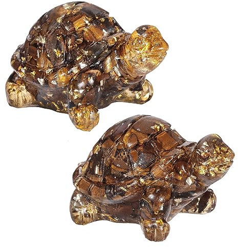 Nupuyai 2 Stück Kristall Schildkröte Figur Deko Harz Edelstein Figuren Tier Heilstein Schildkröte Feng Shui Statue Skulptur Glücksbringer für Home Office Dekoration, Tigerauge Stein