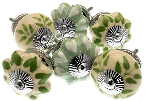 Mango Tree - Boutons de placard peints à la main en eau de Nil vert et crème cœurs et feuilles – Lot de 6