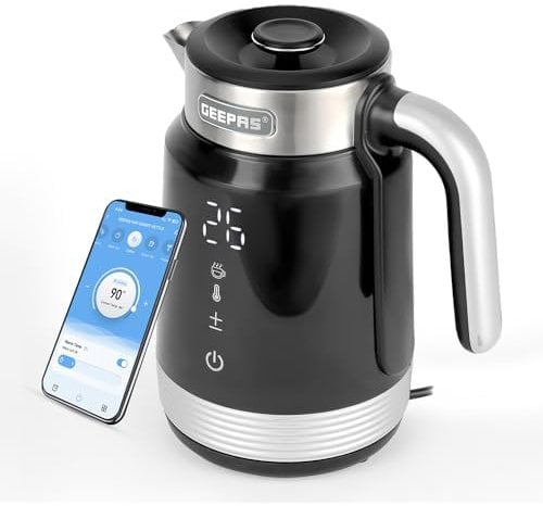 GEEPAS Digital Electric Kettle | 1.7L Wifi Tuya Smart App Control Alexa Google Voice Compatible Digital Display Auto Shut Off Cool Touch Stainless Steel Strix controller | 2 Year Warranty 2200W Black