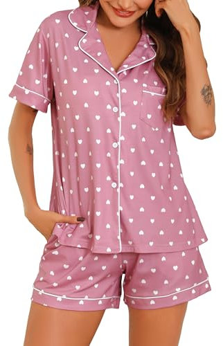 Sopesil Pyjama Femme Ete Short à Manches Courtes Ensemble de Pyjama à Col en V 2 Pièces et Cordon de Vêtement de Nuit Pyjama pour Femme avec Boutons,L,Rose