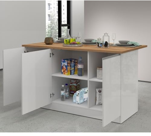 VE.CA - Isola da Cucina Clarissa - Credenza cucina - Mobile cucina - Ideale per una cucina completa - Ideale come tavolo da pranzo - Colore Bianco lucido/Wotan - Made in Italy