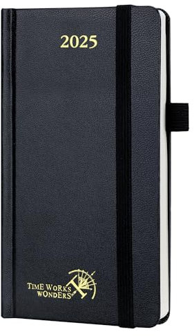 POPRUN Taschenkalender 2025 Klein 16,5 x 9 cm (Jan.2025-Dez.2025) - Kalender 2025 Klein Hardcover - Terminplaner, Planer 1 Woche 2 Seite mit Innentasche - Schwarz
