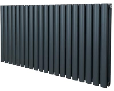 Radiatore a colonna ovale 600 mm x 1200mm Designer Doppio pannello Termosifone Grigio antracite Acciaio Inclusi Spazzola per la pulizia Kit di fissaggio e staffe