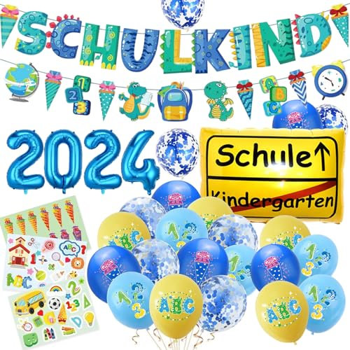 Surcotto Einschulung Deko Set 2024 für Junge & Mädchen - Blau, SCHULKIND Banner, Folienballon, 22 Luftballons, 3 Sticker - Schulanfang Schuleinführung