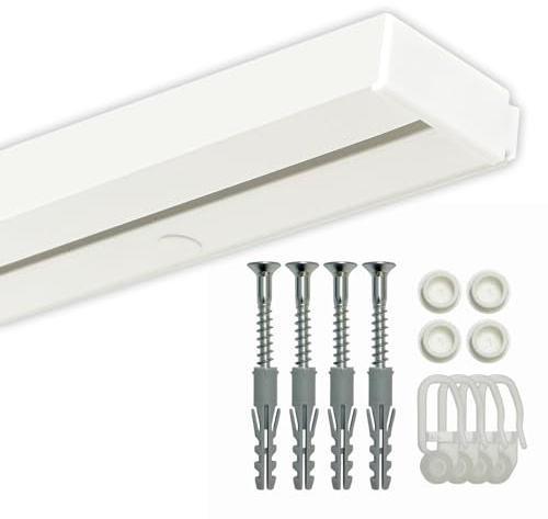 GARDINEUM - 1-läufige Vorhangschiene, Gardinenschiene aus Kunststoff, vorgebohrt, Komplettset mit Zubehör, bis 2 m erhältlich (2,80 m (2 x 1,40 m + Verbinder))