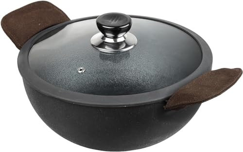 Non Stick Pre Seasoned Cast Iron Kadai with Glass Lid Naturally Wok for Cooking 100% Pure Toxin Free Safety Sleeve, Rust Proof (Diameter 24 cm)