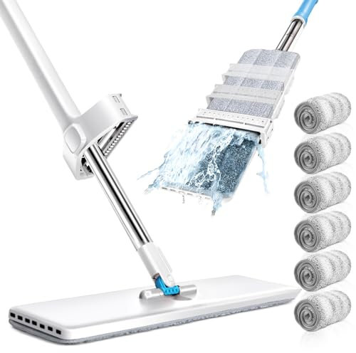 Myiosus Microfibre Mop, Self Wringing Flat Mop with 6 Washable Pads & 130cm Stainless Steel Handle, Wet Dry Floor Mops for Hard Wood Laminate Tile Vinyl Floor - White