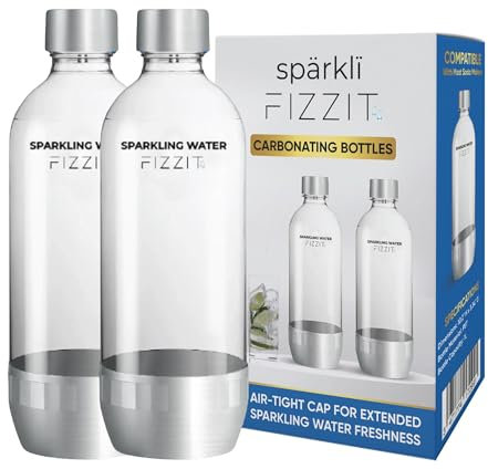 FIZZ IT Vorteilspackung mit 2 BPA-freien 1L PET-Flaschen für Soda-Maker, kompatibel mit den meisten Marken, hermetisch versiegelte Kappen, umweltfreundlich, wiederverwendbar