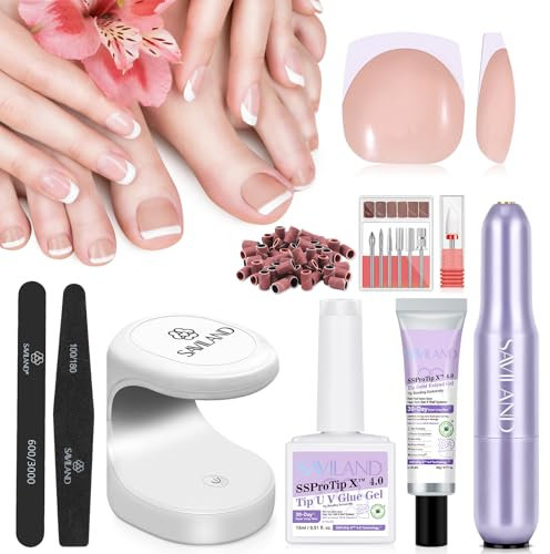 SaviLand Kit Faux Ongles pour Orteils: 216 PCS Capsules Dégradé Brun pour Orteils Courts Carrée, Ponceuse a Ongle Professionel, Lampe U V, 15 ML Colle Gel a Ongles et 20ML Colle Solide