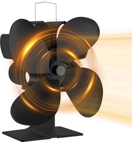UZIMOO Kaminventilator ohne Strom - 4 Blättern Ofenventilator Ventilator für Kaminofen, Leiser Betrieb Wärmebetriebener Ventilator mit Thermometer, Hitzebetrieben Kamin Ventilator für Holz/Kamin