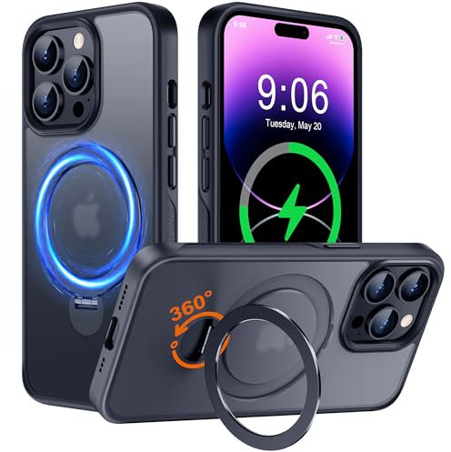 Derwav Multi-in-1 [Magnetic+ Kickstand+ Ring Holder] for iPhone 14 Pro Max Case, Compatible with MagSafe, 360° Rotatable Stand with Military Shockproof Silicone Frame Protection Magnetic Cover, Black