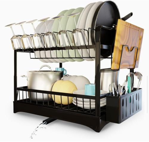 H&J 2 Tier Dish Drainer, Dish Drying Rack, Anti Rust Dish Rack with Drip Tray and Wooden Handle, Black Dish Rack Kitchen with Removable Cutlery Holder, Kitchen Drainer With Drip Tray.