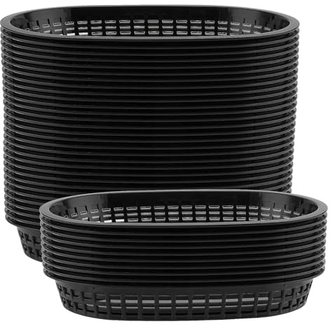 CHUIFAI 50 Stück Schwarz Fast Food Körbe Oval, 26,8x17,5x3,5cm Kunststoff Servierkorb Burger Frites Snackkorb, Pommes Körbchen zum Servieren