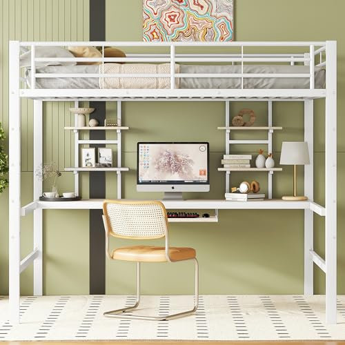 Lcoho Bettgestell Metallbett, Eisenbett, Hochbett mit Schreibtisch und Zwei Bücherregalen für Kinder, Jugendliche und Erwachsene (Weiß, 140x200cm)