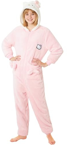 Hello Kitty Sanrio Girls Fleece Onesie with Hood 3D Ears, Loungewear Pyjamas Kawaii Sleepsuit Kids Teens, Anime Gifts for Girls