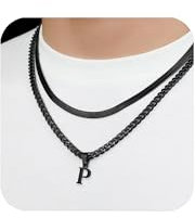 2 Stück Halskette für Jungen, Kette Herren Kette mit Buchstaben A-Z, Edelstahl Buchstaben Halskette, Layered Initial A-Z Kette Mit Buchstaben, Schmuck Geschenke für Freund Männer Frauen (Schwarz P)