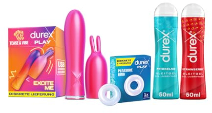 Durex Tease & Vibe 2-in-1 Stimulator für Paare – Vibrator mit 7 Stufen mit Pleasure Ring & Play Prickelnd & Strawberry Gleitgel (2 x 50 ml) für intensives und prickelndes Vergnügen