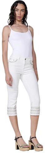 Koroshi Pantalón Capri Mujer Push up con Bordado y Brillos en el bajo Blanco, de Color Blanco/White, Talla 38