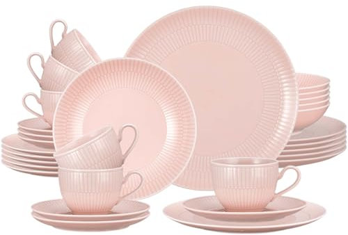 Seltmann Weiden Amina Rosé Kombiservice 30-teilig, Komplettes Geschirr-Set für 6 Personen, Tafel- und Kaffee-Geschirr mit dezentem Relief-Muster, Porzellan, Rosa