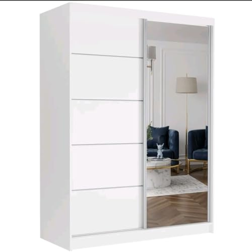 Gaba furniture 150 cm White Sliding Door Wardrobe with Mirror Width 100/120/150/180/200/250 cm Bedroom Wardrobe with Hanging Rail and Shelves Colours White/Black/Sonoma