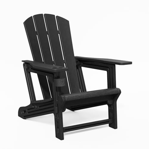 SEVOBAL Adirondack Stuhl, Terrassenstuhl mit Getränkehalter, 180 kg Kapazität, Kunststoff-Liegestuhl ohne Schrauben, wetterbeständig, mit Getränkehalter für Deck, Garten, Hinterhof, Schwarz