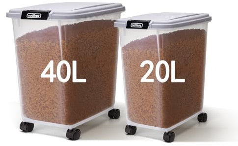 Nobleza - Conteneur de Nourriture pour Animaux de Compagnie 20 L+40 L - Boîte Alimentaire avec Roulettes, Couvercle Rabattable, Hermétique, Roues et Pelle, pour Nourriture pour Chiens et Chats, Gris