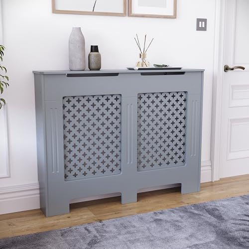 Vida Designs Oxford Radiator Cover – Traditional Cross Pattern, Grey, MDF, Painted Finish, Heat Efficient, Medium, (H 82 x W 111 x D 19 cm)