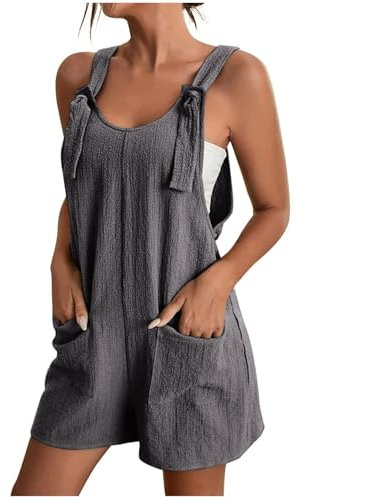 Couawaticy Tute da donna Salopette in lino UK da donna UK Estate Casual Senza Maniche Tutina Larga Regolabile Strappy Tuta Corta con Tasche Grigio S, Grigio, S