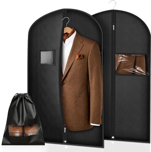 Kleidersack Anzug Schutzhülle 2 Stück, 100 x 60cm Kleidersäcke für Anzug, Jacke, Hemd - mit 1 Stück Schuhbeutel, Atmungsaktive Anzugtasche mit Reißverschluss, Kleiderhülle für Reisen & Lagerung
