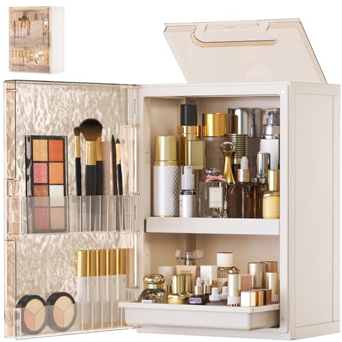 HAIXIN Multi-Function Makeup Organizer Case Dustproof Cosmetic Plastic Storage Box Easy Clean Large Capacity for Perfume Tall Bottle Skincare Beauty Dressing Table Bathroom Vanity Bedroom