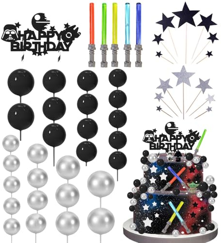 Star Cake Toppers Set 51Pcs Galaxy Lightsaber Cupcake Topper Balls Decorations for Birthday Space Wars Themed Party Supplies