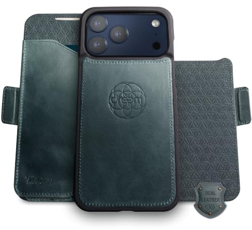 Dreem Echtleder-Hülle für iPhone 17 Pro Max, mit abnehmbarem Portemonnaie | Neuartig vert/horiz Handyhalter, RFID-blockierende Kartenhülle, Kompatibel mit MagSafe, Geschenkbox [Fibonacci: Graphitblau]
