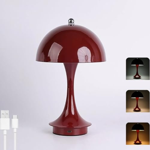 LOGT Pilzlampe LED Akku Tischlampe Kabellos USB Aufladbar Tischleuchte Batterie Dimmbar mit Touch Control Pilz Lampe Innen und Außen Tragbare Kinderzimmerlampe Batterie Schreibtischlampe,Red b