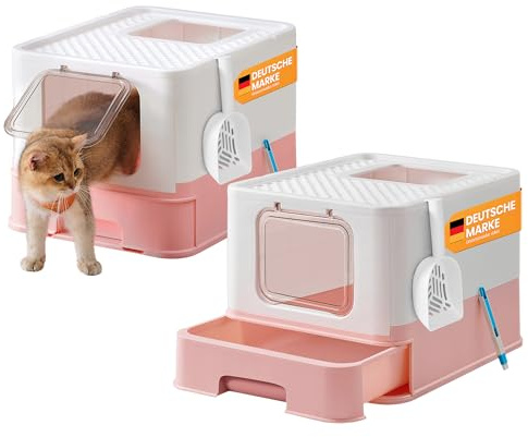 Feandrea Katzenklo 2er Set, Katzentoilette, mit Deckel, ausziehbares Tablett, Schaufel, Bürste, für Katzen bis 15 kg, weniger Spuren, auslaufsicherer Boden, weiß-pastellrosa PPT001P10