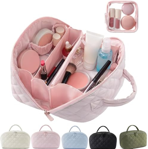 Travel Makeup Bag for Women – Large Capacity Waterproof Puffer Cosmetic Organizer, 180° Lay-Flat Toiletry Bag, Machine Washable Nylon Kulturtasche Damen with Handle (Rosa)