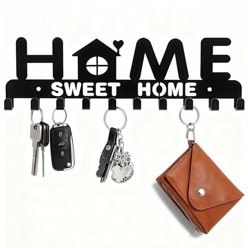 Briocht Key Holder for Wall Black Iron Key Rack with 10 Hooks, Wall Mounted Key Hanger for Keys, Bags, Dog Leash and Small Items Decorative Organizer for Entryway, Bedroom, Office