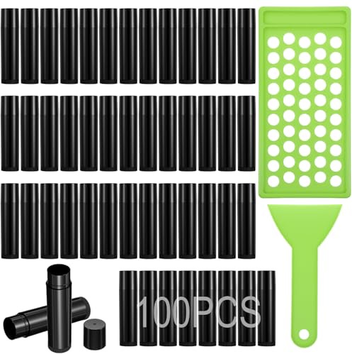 PercyEffie 100Pcs Plastic Lip Balm Tubes 5ml/5g lip balm tubes empty lips balms containers empty Black chastick containers with Filling Tray and Spatula, Rotating Type Refill Lips with Cap