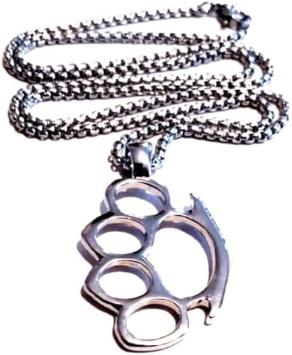 Silver Knight Antique Silver Knuckle Duster Pendant Necklace, 4.6 cm x 3 cm, Strong 58 cm Box Chain, Includes Velvet Gift Bag, Gangster Fighter Jewelry