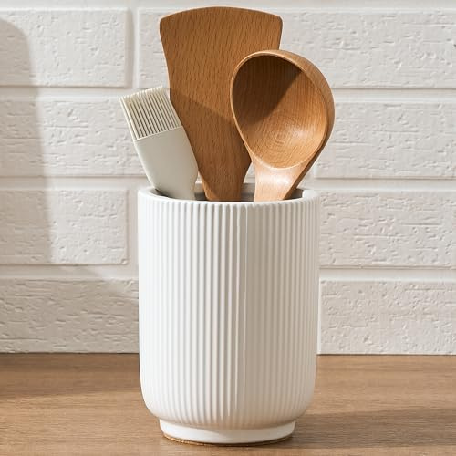 15.8 cm (H) Utensil Holder for Kitchen Counter, Nordic Minimalist Style Cooking Utensil Holder and Crock Home Kitchen Decor, Ceramic Utensil Organizer for Spatula, Ladle, Eggbeater, Rolling Pin- White