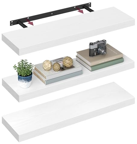 VASAGLE Wandregal, 3er Set, Schweberegal, 20 x 80 x 3,8 cm | Wandboard für Bilderrahmen, Deko, Regal für Wohnzimmer, Arbeitszimmer, Küche, schneeweiß, CUSTOS Kollektion LWS028WE01-3J
