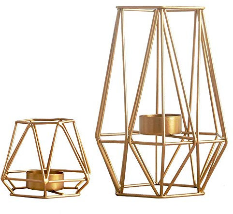 Nuptio 2 Pezzi di Candeliere in Ferro Battuto a Linea Geometrica, Decorazione Candelabro d'oro per Tavolo da Pranzo, Completo Portacandele per Matrimonio Festa(Piccolo + Grande)