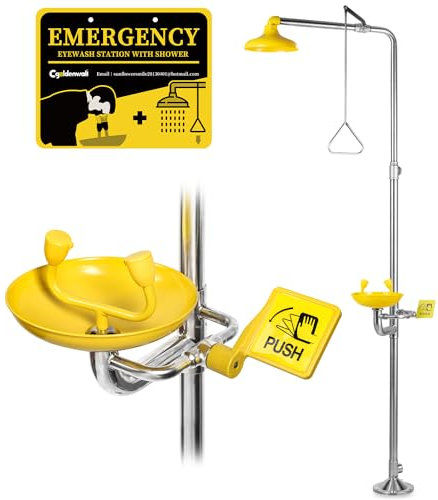 CGOLDENWALL Lavaojos de Emergencia Estación Combinada Lavaojos & Ducha de Emergencia Anti-corrosión con Tazón de Lavaojos de Gran Tamaño & Cabezal Doble (304 Acero Inoxidable, Tazón de ABS)