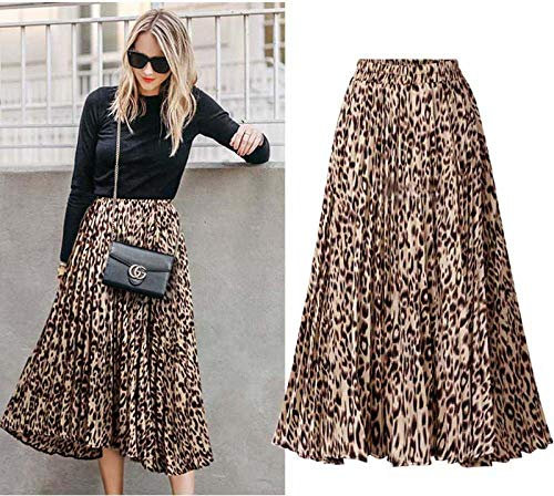WXMTMDSB Frauen Langer Rock Midi Leopard Elastisch Hohe Taille Plissee Chic Boho Vintage Casual Maxi Lady Schlanke Sexy Weiblichen Bottoms, Für Strand Travel Office Party Die Tägliche Abnutzun