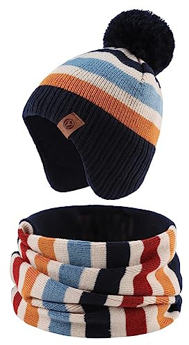XIAOHAWANG Baby Strickmütze Winter Babymütze Junge Warme Kindermütze Junge Beanie Mütze Dicke Wintermütze für Herbst,Winter (Streifen(Hut+Schal), 4-7Jahren)