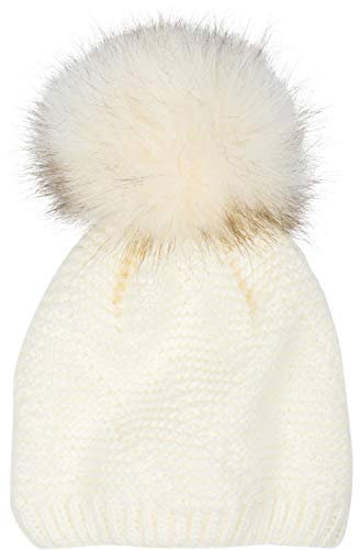 styleBREAKER Unisex Einfarbige Strick Bommelmütze fein gestrickt mit Fleece Futter, Winter Fellbommel Mütze 04024175, Farbe:Creme-Beige